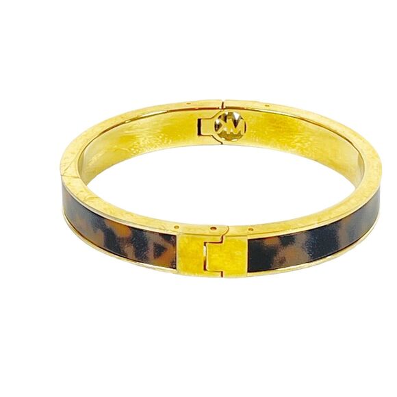 MICHAEL KORS Fulton Tortoise Gold Tone Hinge BANGLE BRACELET "MK" Designer Logo - Picture 3 of 9